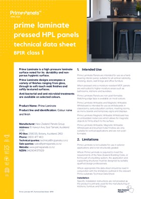 Prime Laminate Pressed HPL Panels Technical Data Sheet / BPIR